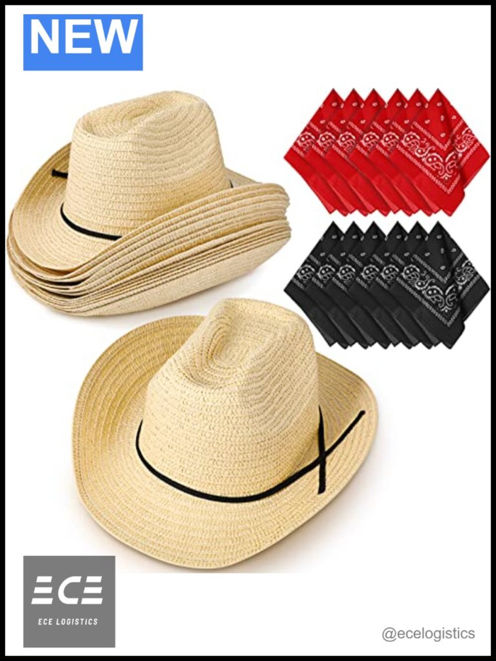 Straw Cowboy Hat Set 12 Hats & 12 Bandanas Western Costume Accessories